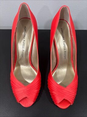 Adrianna Papell Coral-Red Satin Peep-Toe Pumps